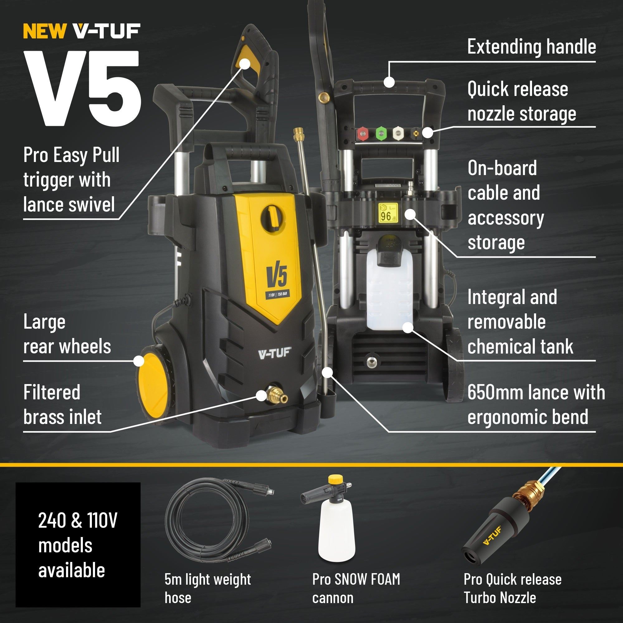 V-TUF V5-240V High Performance Electric Pressure Washer 2400psi, 165 Bar, 7.2L/min