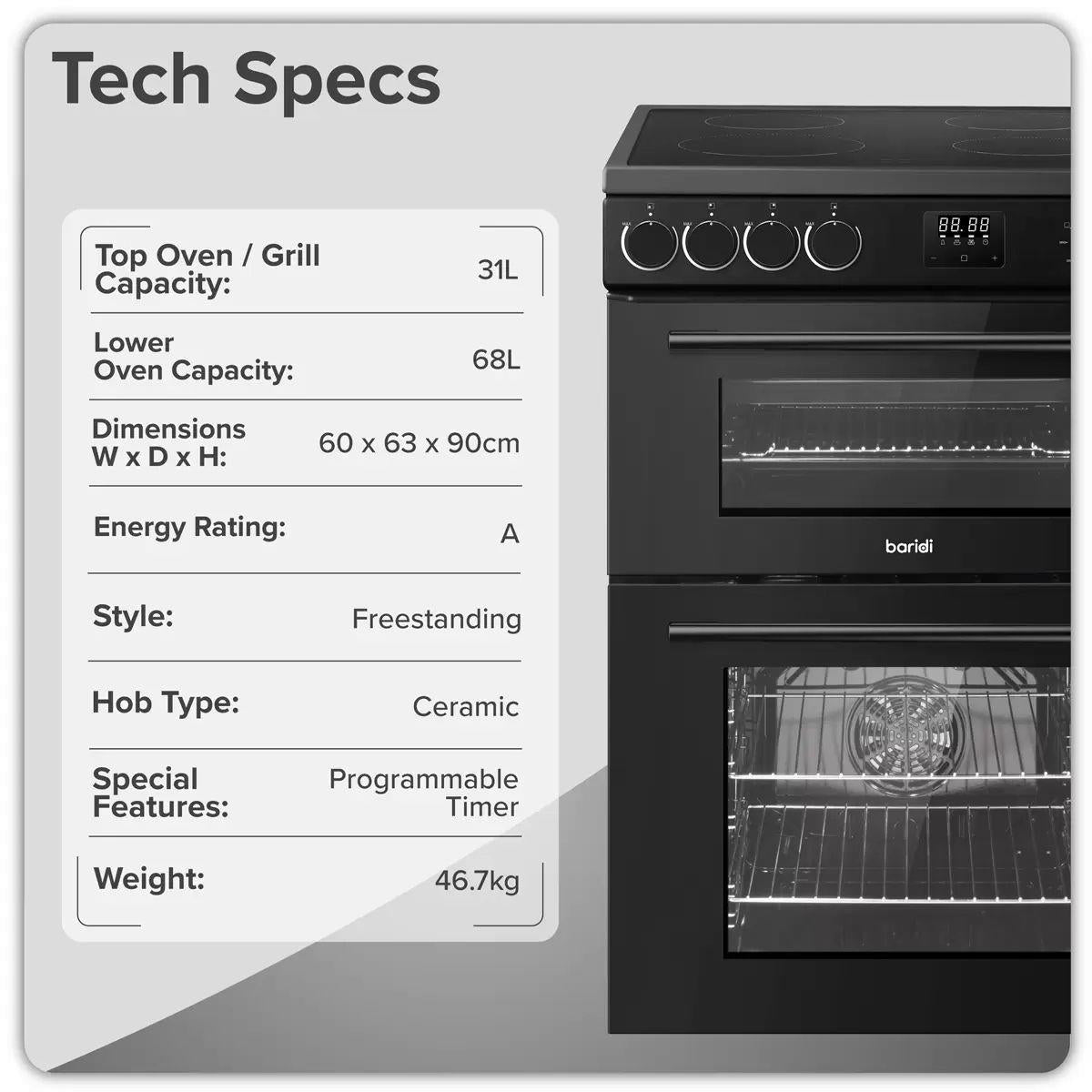 Sealey DH429 Baridi 60cm Freestanding Cooker with 99L Double Cavity & Ceramic Hob Black 240V