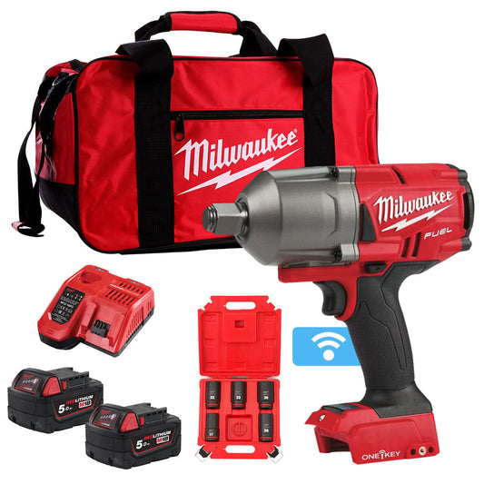 Milwaukee M18ONEFHIWF34-502B 18V FUEL 3/4" Impact Wrench with 2 x 5.0Ah Battery Charger & 3/4" Socket Set