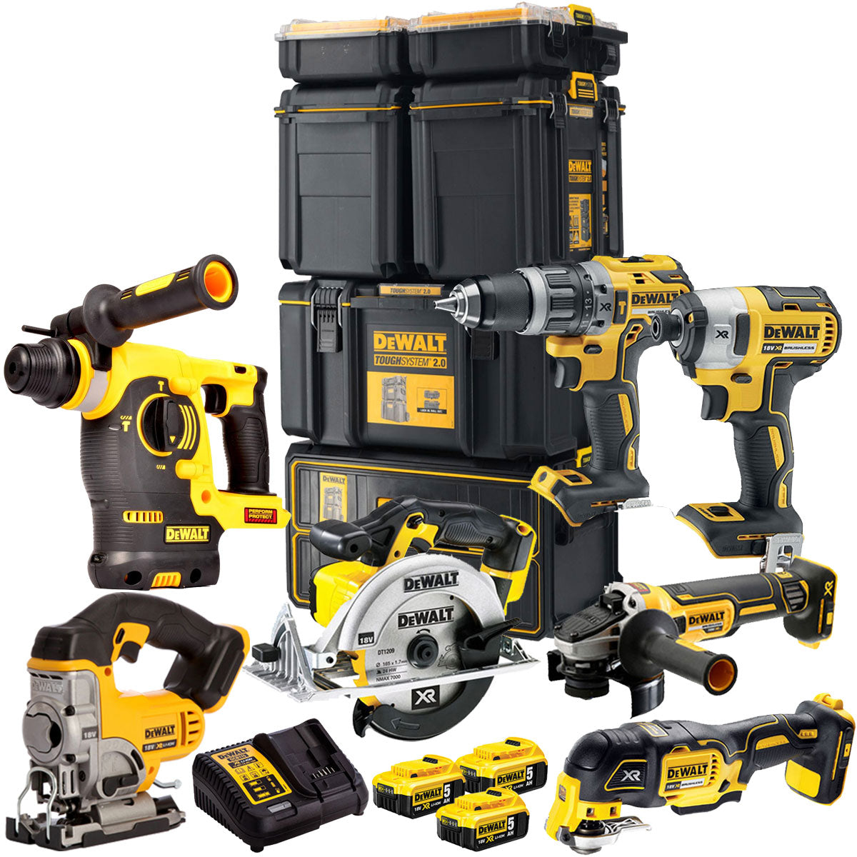 DeWalt DCKT4T7P1 18V XR 7 Piece Power Tool Kit with 3 x 5.0Ah Batteries & Toughsystem Box