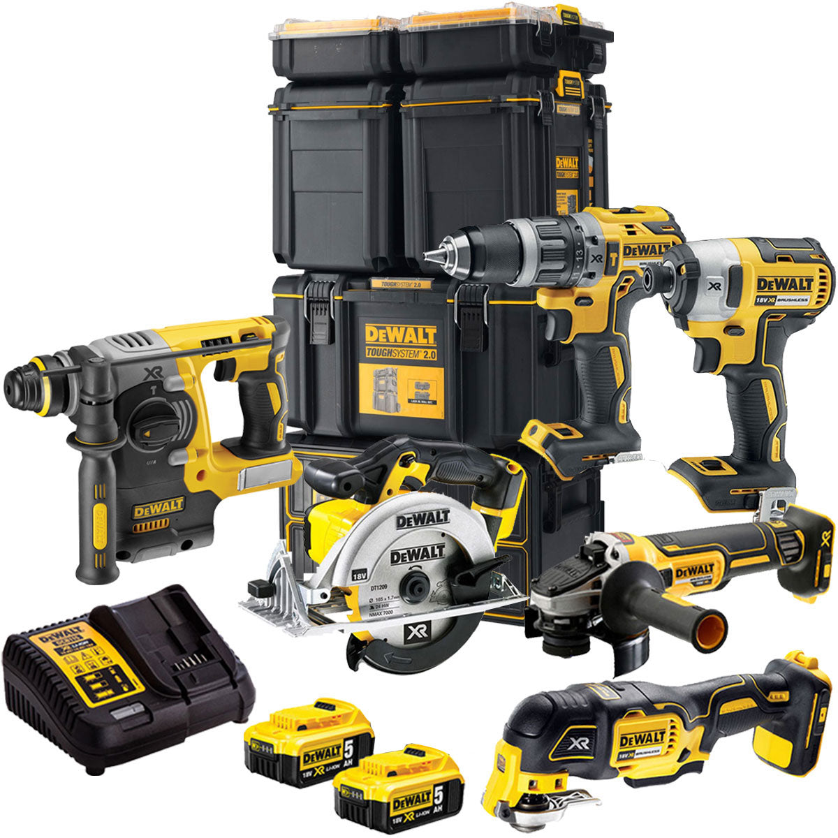 DeWalt DCKT4T6P2 18V XR 6 Piece Power Tool Kit with 2 x 5.0Ah Batteries & Toughsystem Box
