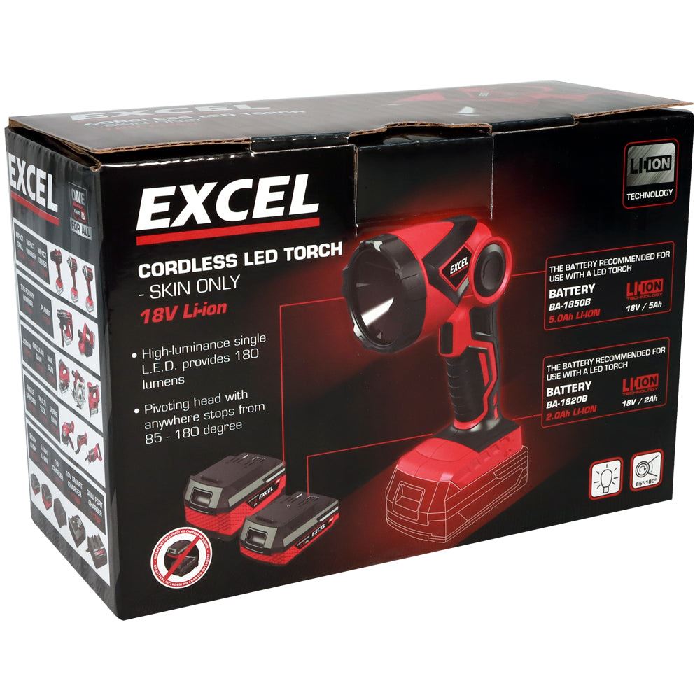 Excel 18V Cordless LED Flashlight Torch with 1 x 4.0Ah Battery & Charger