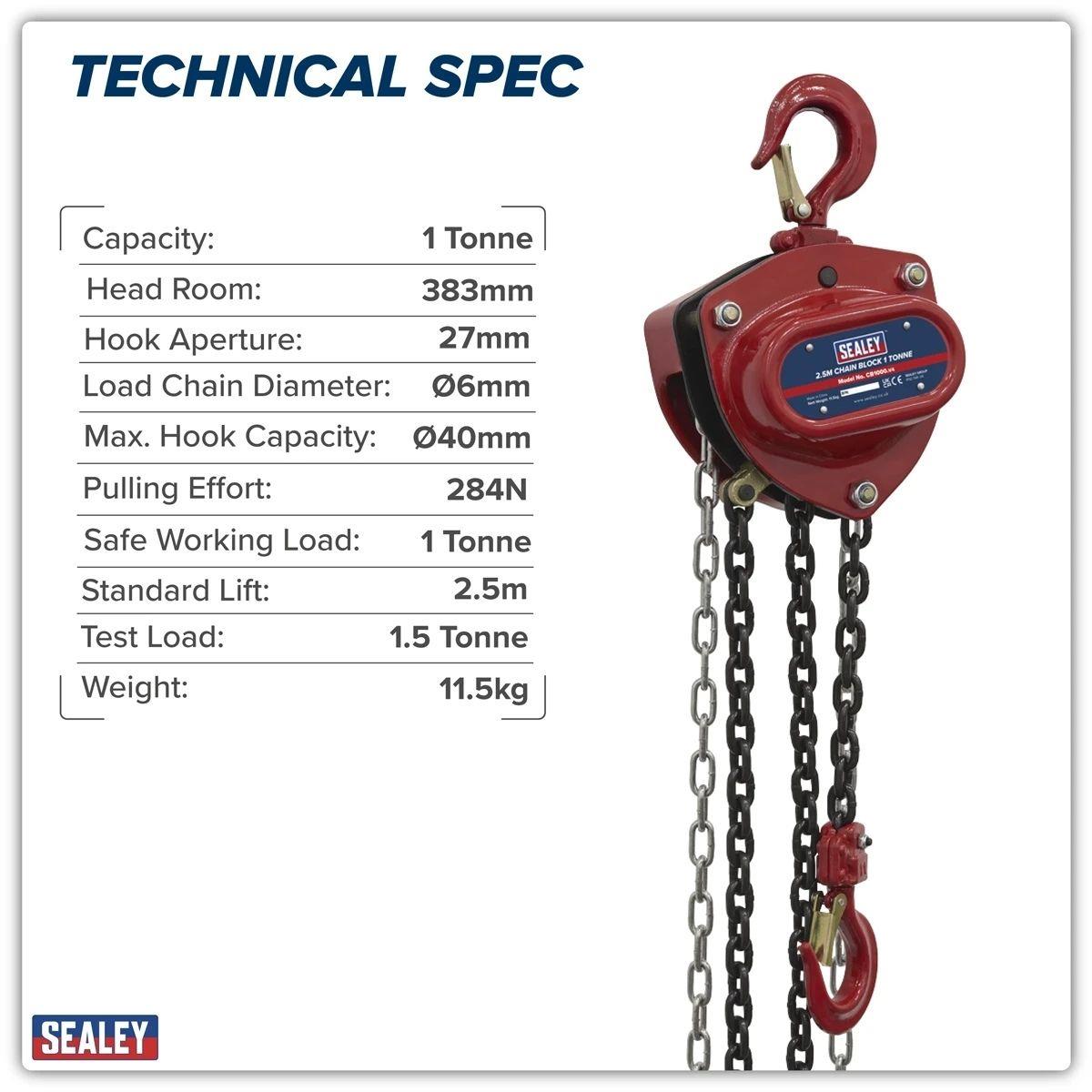 Sealey CB1000 1 Tonne Chain Block 2.5m Drop