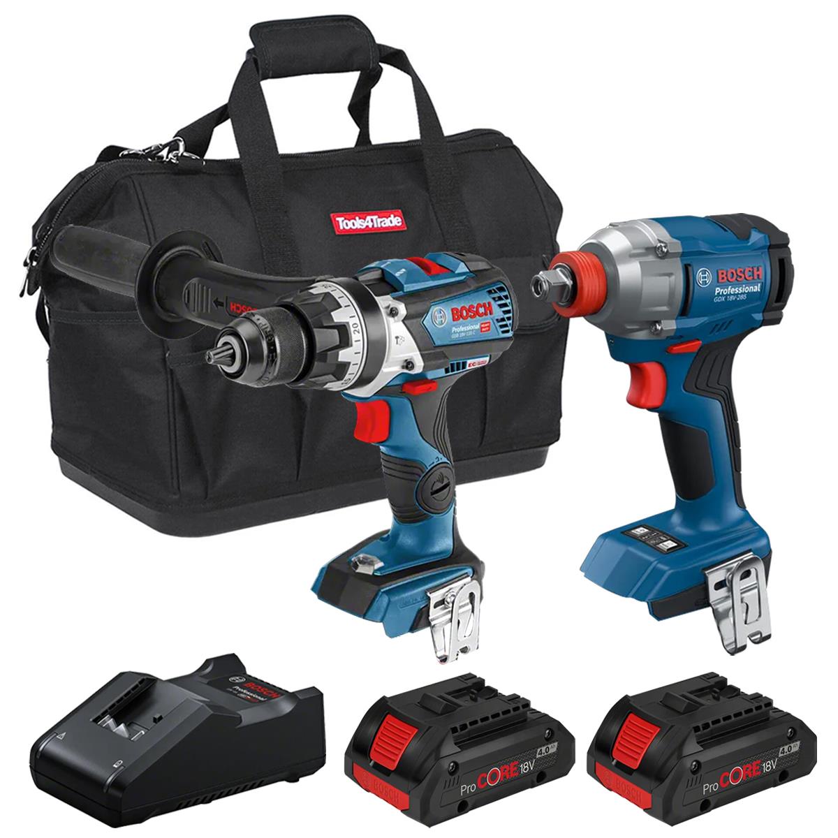 Bosch 18V Brushless Combi Drill & Impact Wrench with 2 x 4.0Ah Battery Charger & Bag T4TKIT-28123