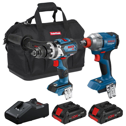 Bosch 18V Brushless Combi Drill & Impact Wrench with 2 x 4.0Ah Battery Charger & Bag T4TKIT-28123