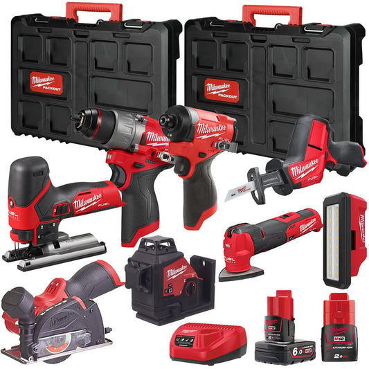 Milwaukee M12FPP7B2-643P 12V Fuel 8 Piece Powerpack Tool Kit with 1 x 6.0Ah & 2.0Ah Batteries, Charger & Case