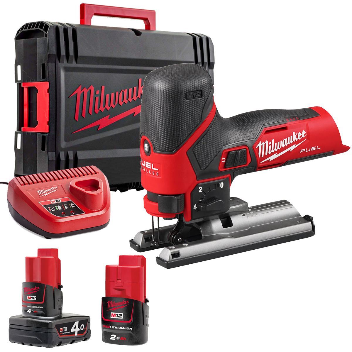 Milwaukee M12FJS-422X 12V FUEL Brushless Jigsaw with 4.0Ah/2.0Ah Batteries Charger & Case 4933493349