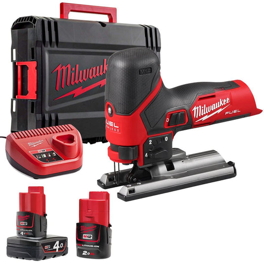 Milwaukee M12FJS-422X 12V FUEL Brushless Jigsaw with 4.0Ah/2.0Ah Batteries Charger & Case 4933493349