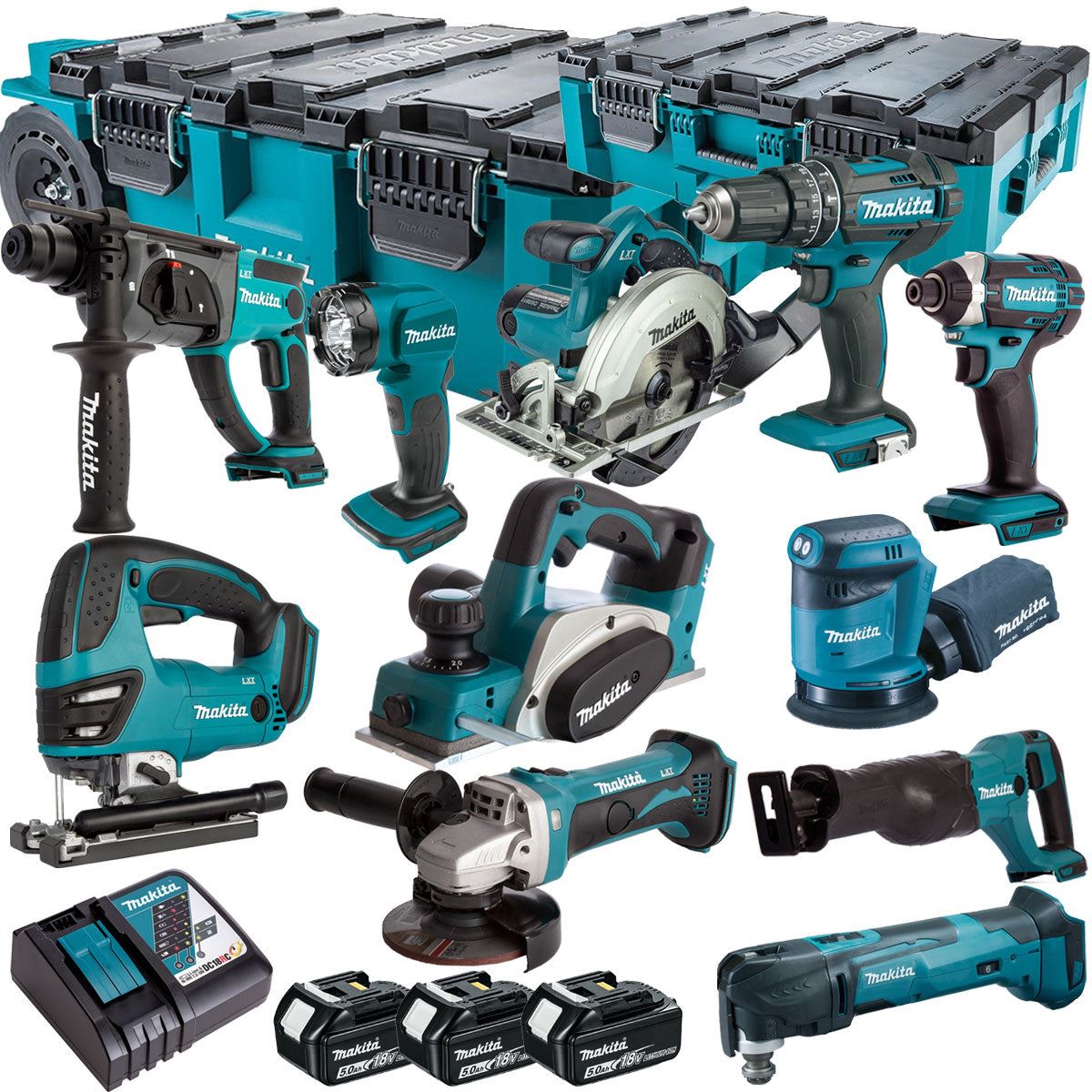 Makita 18V 11 Piece Combo Kit with 3 x 5.0Ah Batteries & MAKTRAK Trolley Toolbox