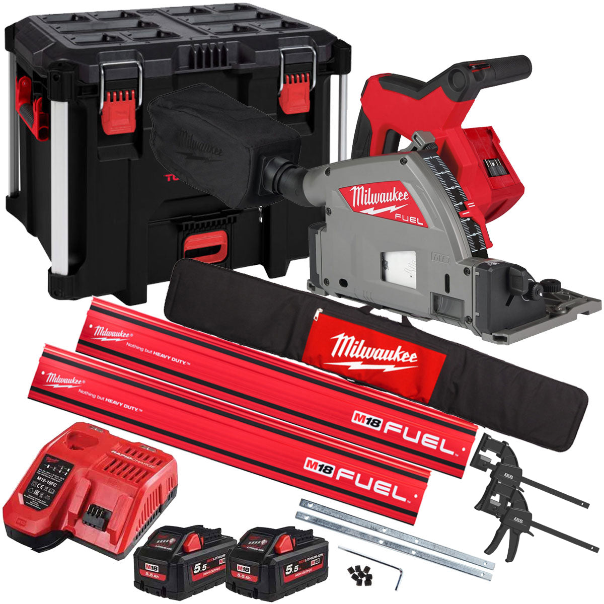 Milwaukee M18FPS55-552P 18V 165mm Fuel Brushless Plunge Saw with 2 x 5.5Ah Battery & Guide Rail Kit