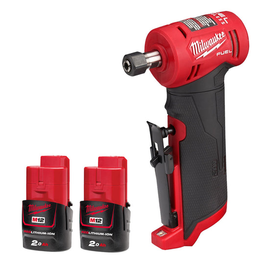 Milwaukee M12FDGA-0 12V Fuel Brushless Angled Die Grinder with 2 x 2.0Ah Batteries
