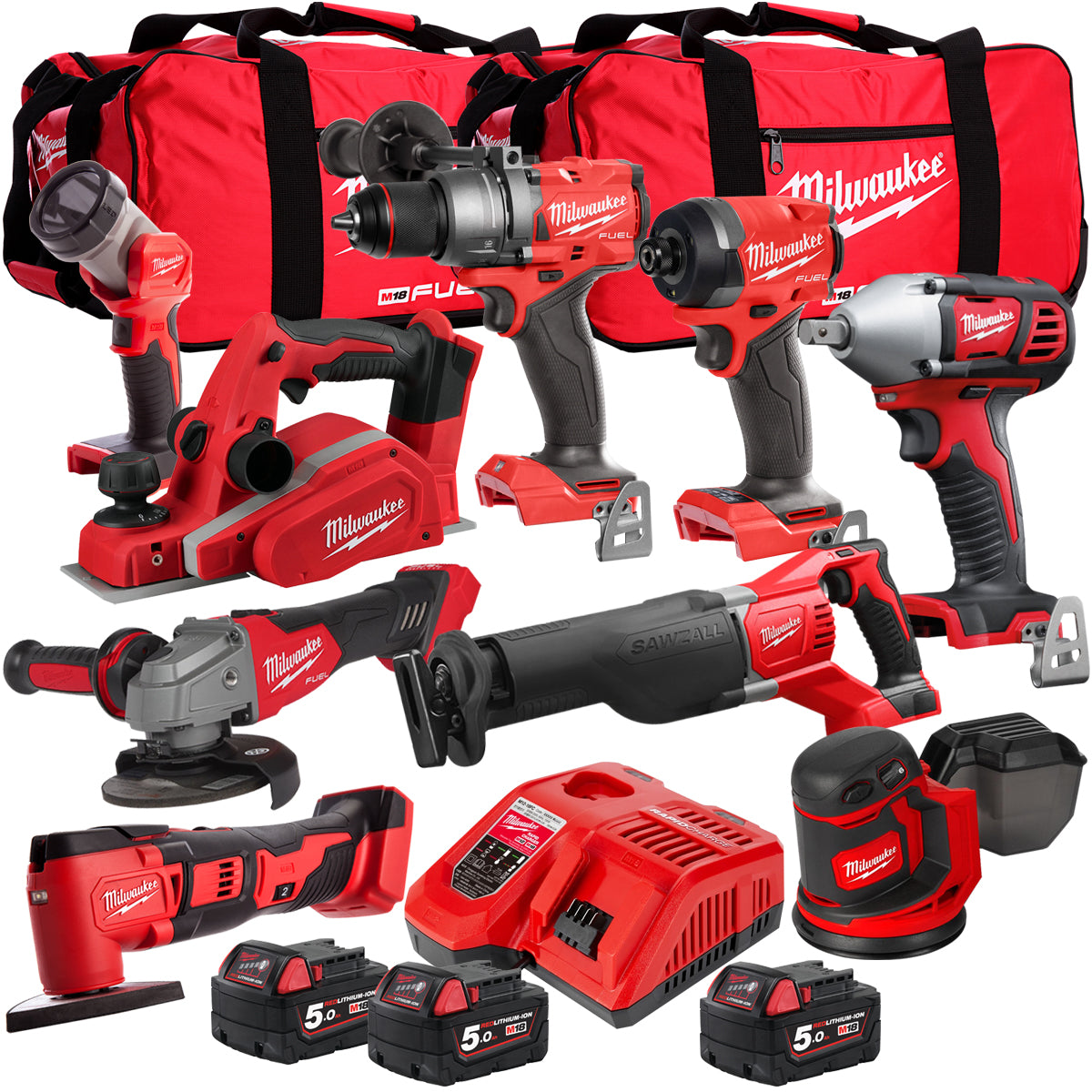 Milwaukee 18V 9 Piece Power Tool Kit with 3 x 5.0Ah Batteries T4TKITM-119