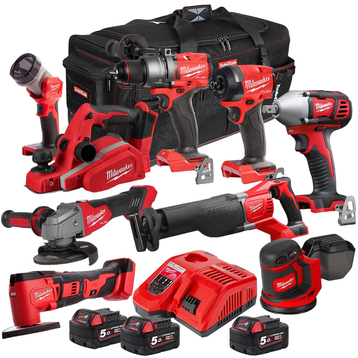 Milwaukee 18V 9 Piece Power Tool Kit with 3 x 5.0Ah Batteries T4TKITM-119