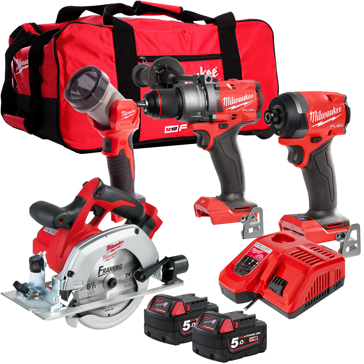 Milwaukee M18 BLPP4T-502B 18V 4 Piece Tool Kit with 2 x 5.0Ah Battery & Charger
