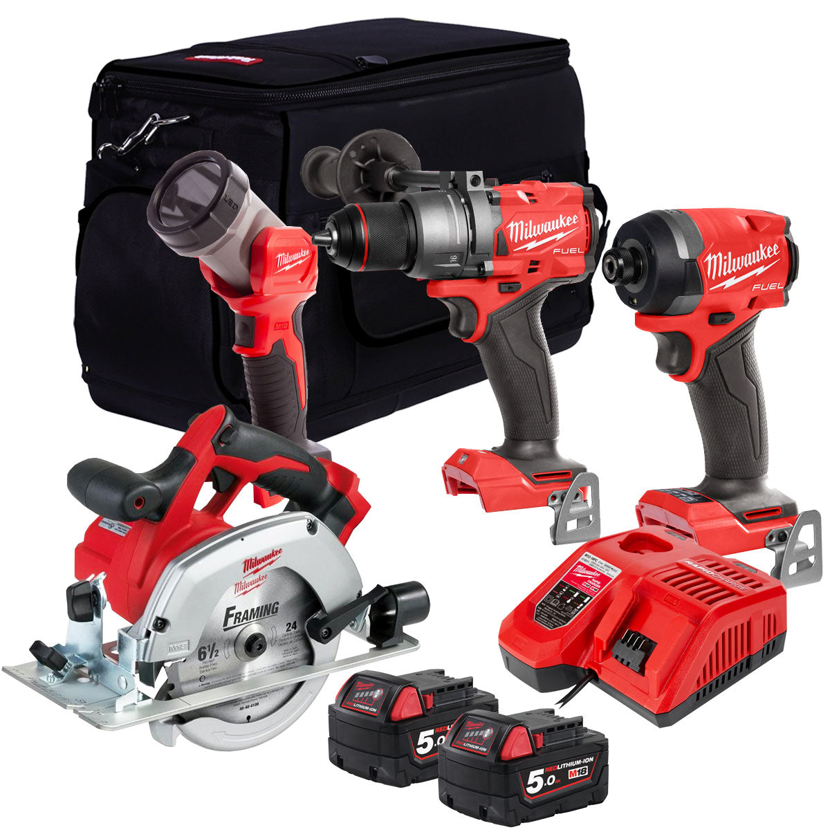 Milwaukee M18BLPP4T-502B 18V 4 Piece Tool Kit with 2 x 5.0Ah Battery & Charger