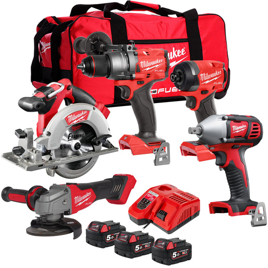 Milwaukee M18 FPP5T-502B 18V 5 Piece Tool Kit with 3 x 5.0Ah Battery & Charger