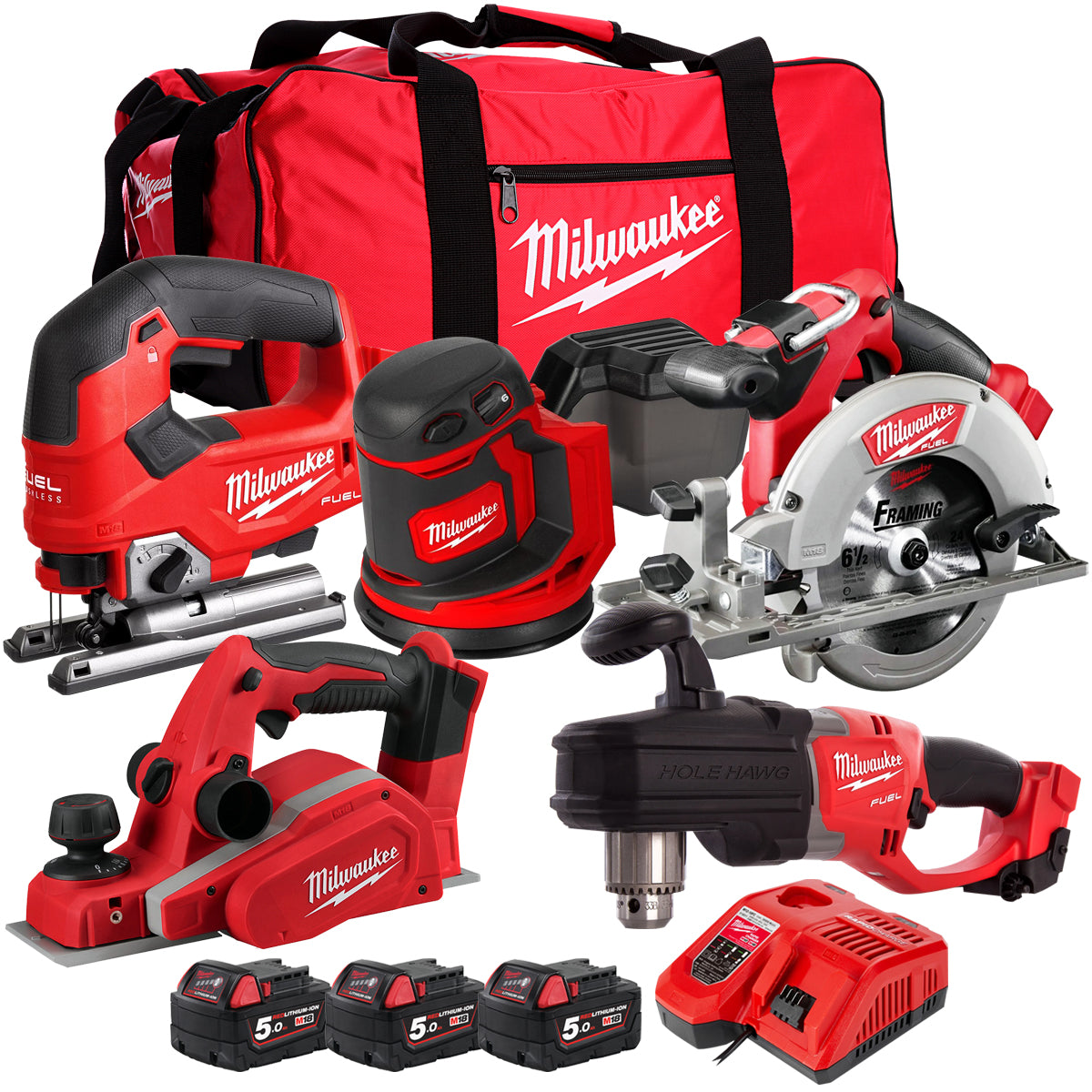 Milwaukee M18 PP5T-503B 18V Woodworking 5 Piece Tool Kit with 3 x 5.0Ah Batteries & Charger
