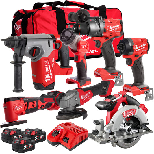 Milwaukee M18FPP7T-503B 18V 7 Piece Power Pack Tool Kit with 3 x 5.0Ah Batteries & Charger