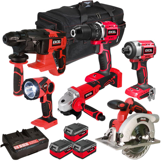 Excel 18V Cordless 6 Piece Tool Kit with 3 x 4.0Ah Batteries & Charger in Bag EXL29260