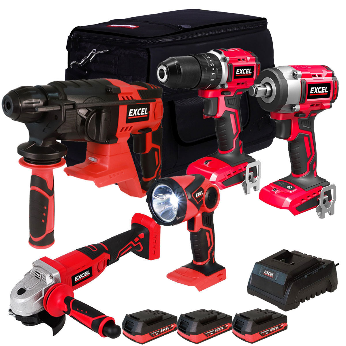 Excel 18V 5 Piece Cordless Power Tool Kit with 3 x 2.0Ah Batteries Charger & 20