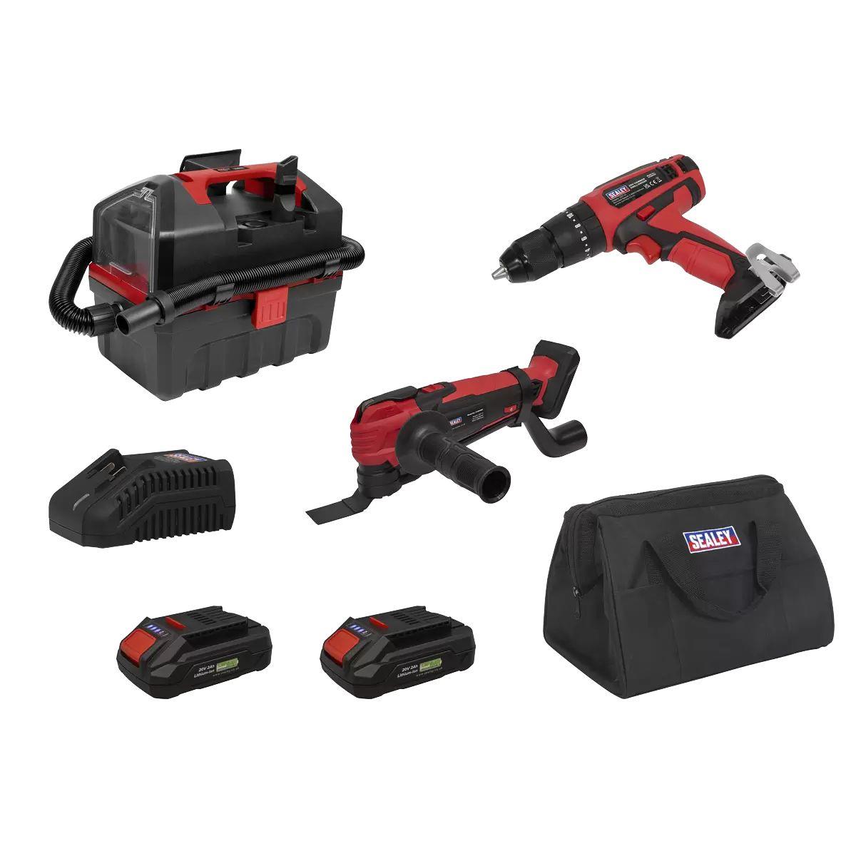 Sealey CP20VCOMBO5EU 20V Cordless 3 X Power Tool Vac Kit Euro Plug With 2 Batteries & Charges