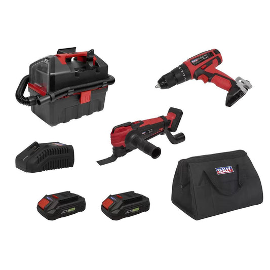 Sealey CP20VCOMBO5EU 20V Cordless 3 X Power Tool Vac Kit Euro Plug With 2 Batteries & Charges