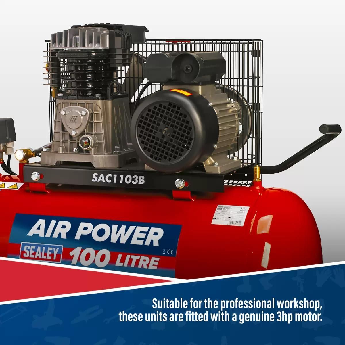 Sealey SAC1103B 100L Belt Drive Compressor with Motor & Cast Cylinders 230V