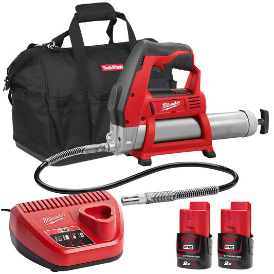 Milwaukee M12GG-0 12V Cordless Grease Gun with 2 x 2.0Ah Batteries & Charger in Bag