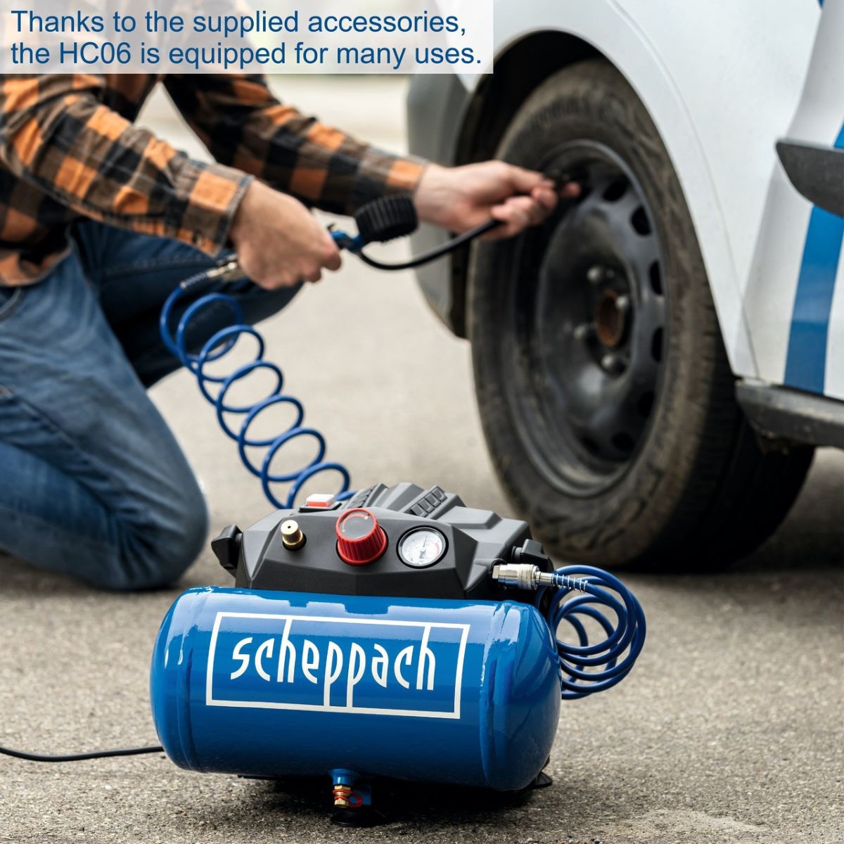 Scheppach HC06 1.5hp 6 Litre Oil Free Low Noise Portable Air Compressor 8 Bar Pressure 240V/1200W