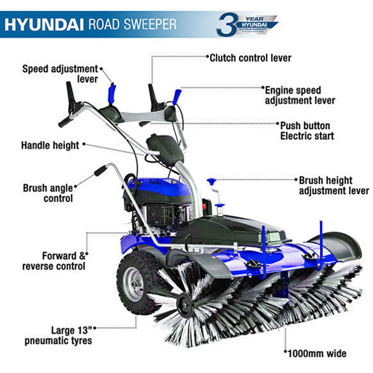 Hyundai HYSW1000 100cm Self-Propelled Petrol Yard Sweeper Powerbrush for Easy Lawn & Garden Cleanup