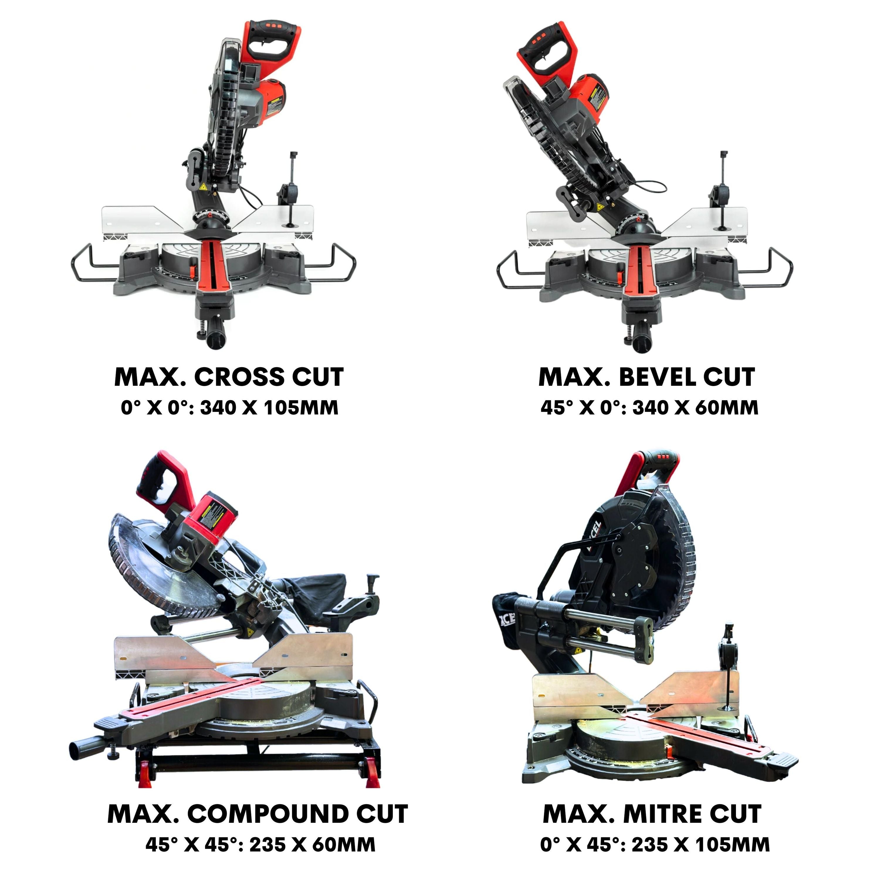 Excel Sliding Mitre Saw Double Bevel 305mm 240V/1800W & Laser with Universal Stand