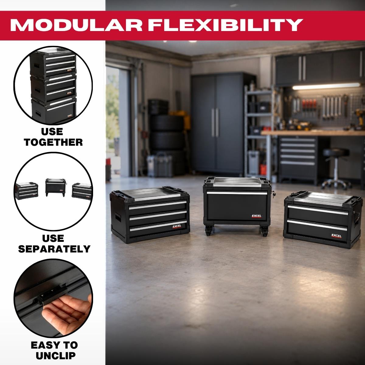 Excel 6 Drawer Modular Rolling Tool Box Stackable with Stainless Steel Worktop