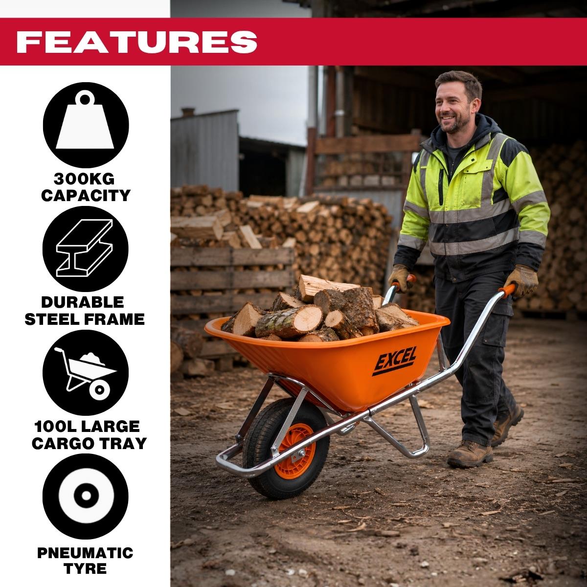 Excel 134L Portable Cement Mixer 240V/370W with Wheels & 100L Wheelbarrow Chrome Plated Frame