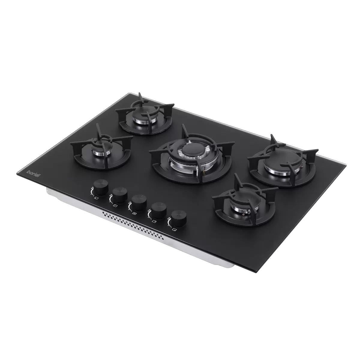 Sealey DH384 Baridi 70cm Gas Hob Matt Black with 5 Burners, Cast Iron Supports & Auto Ignition 10.4kW/230V