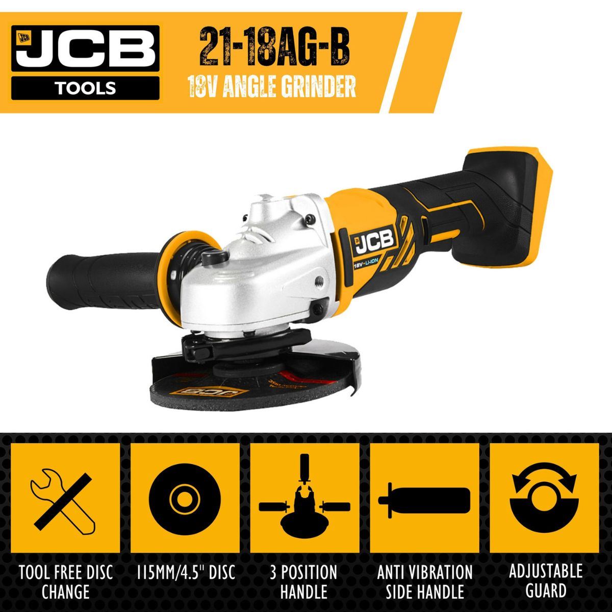 JCB 18AG-2-V2 18V Cordless Angle Grinder 115mm with 2 x 2.0Ah Batteries & 1 x 2.4A Fast Charger