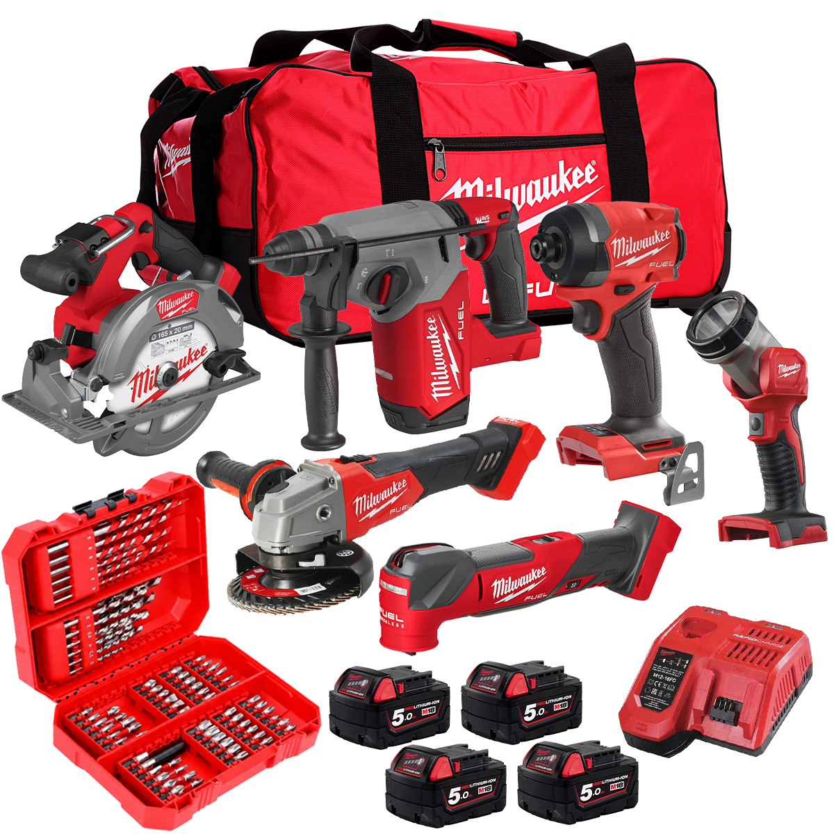 Milwaukee M18FPP6P3-504B 18V Brushless 6 Piece Power Kit with 4 x 5.0Ah Battery, Charger & 80 Piece Impact Duty Bit Set