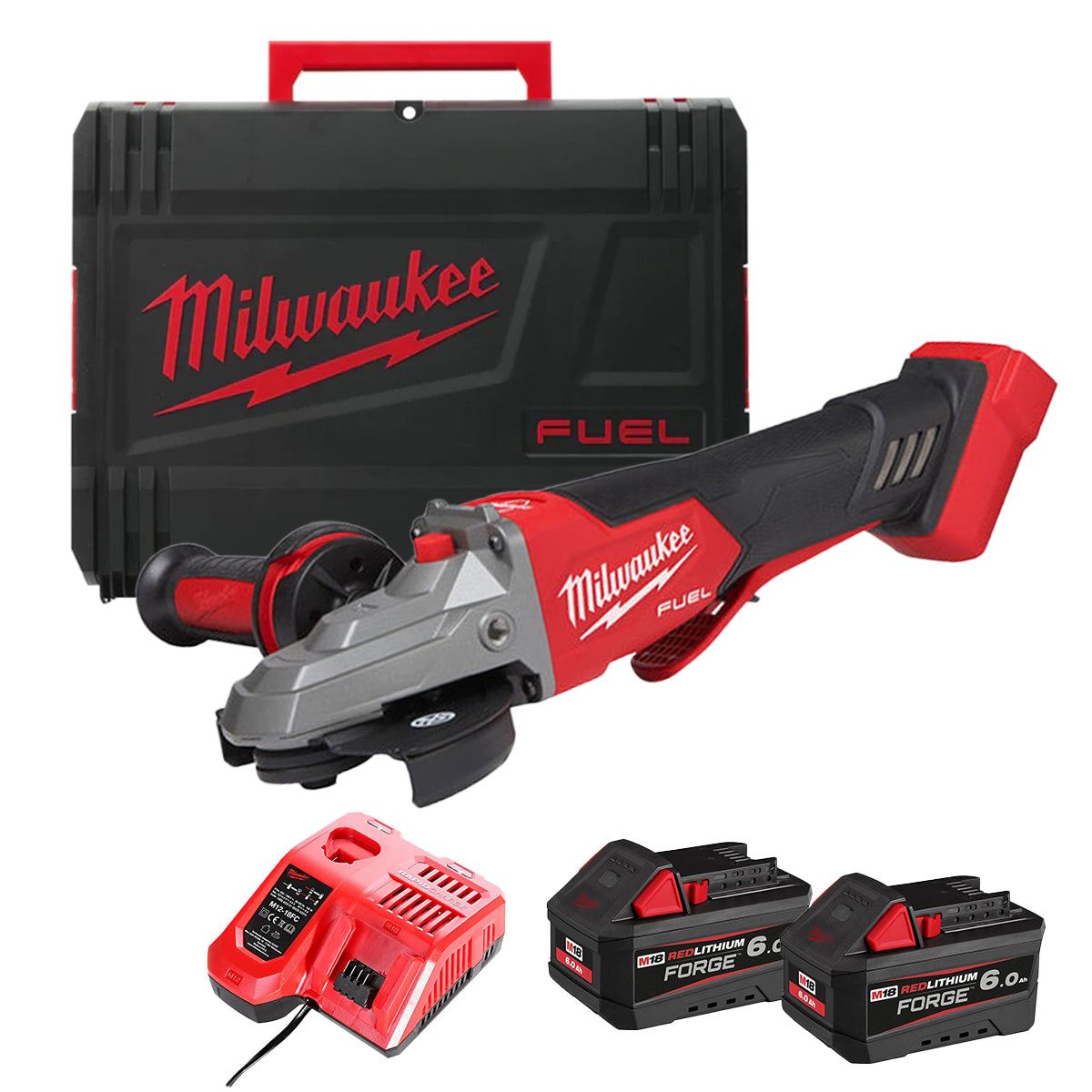 Milwaukee M18FSAGF125XPDB-0X 18V FUEL 125mm Flathead Grinder with 2 x 6.0Ah Battery Charger & Case