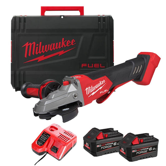 Milwaukee M18FSAGF125XPDB-0X 18V FUEL 125mm Flathead Grinder with 2 x 6.0Ah Battery Charger & Case