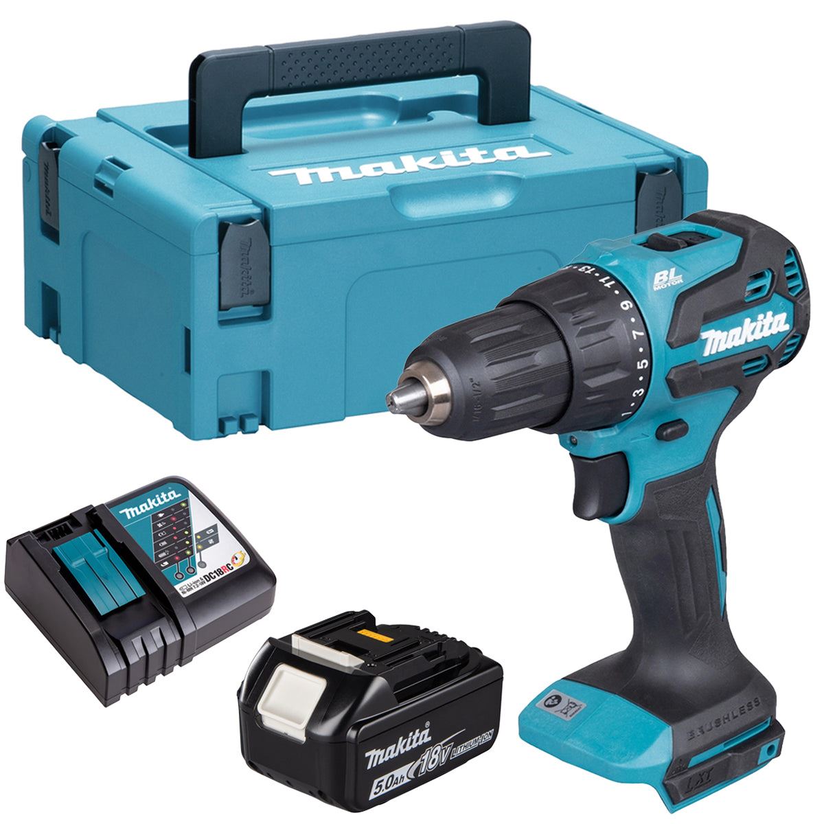 Makita DHP490RT1J 18V LXT Brushless Combi Drill With 1 x 5.0Ah Battery, Charger In Case