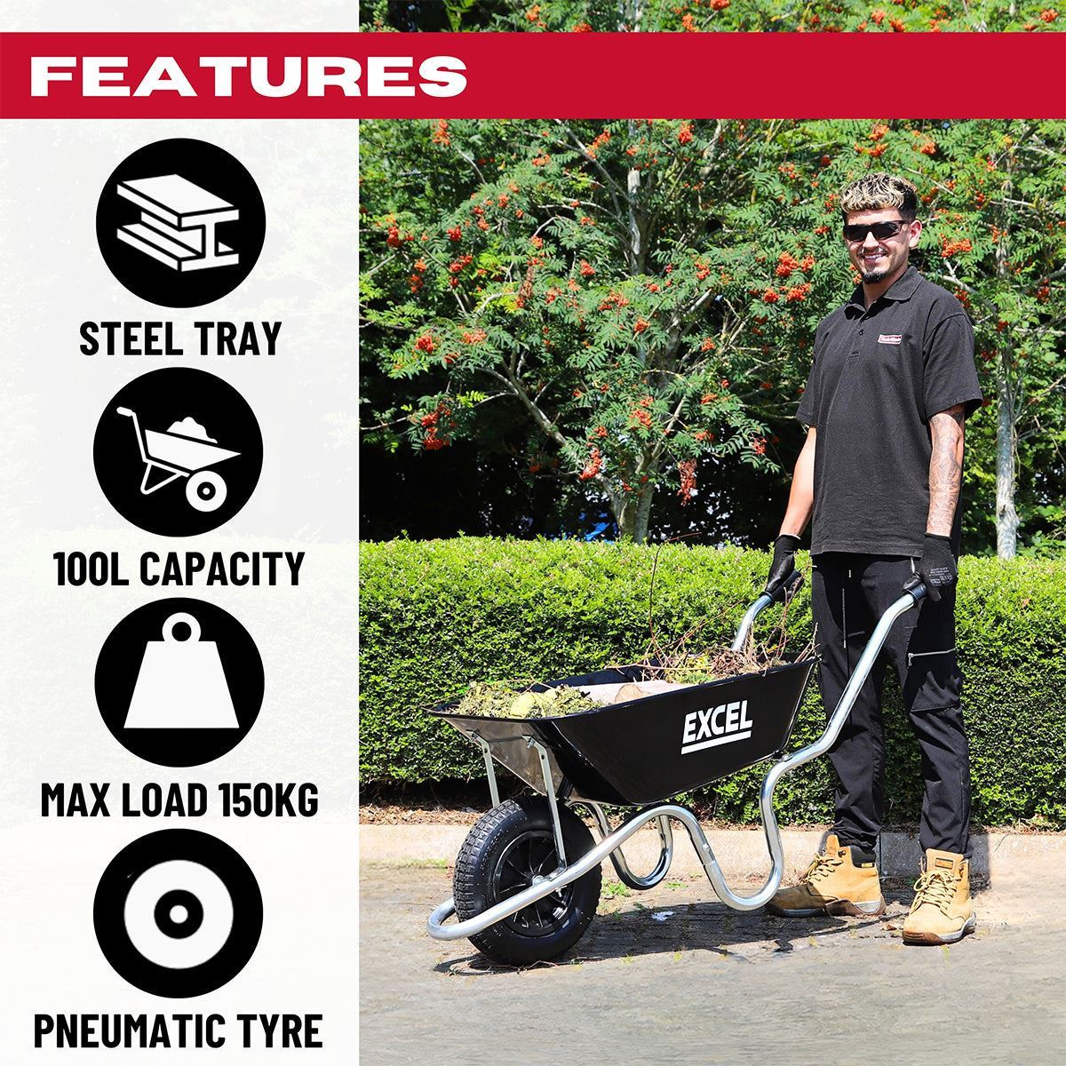 Excel Silver/Black Wheelbarrow with 100L Steel Tray