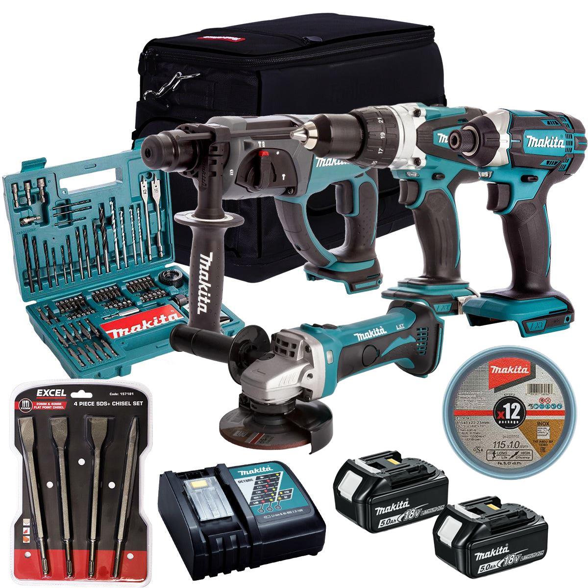 Makita 18V 4 Piece Combo Kit with 2 x 5.0Ah Battery Charger & Accessories Set T4TKIT-17212