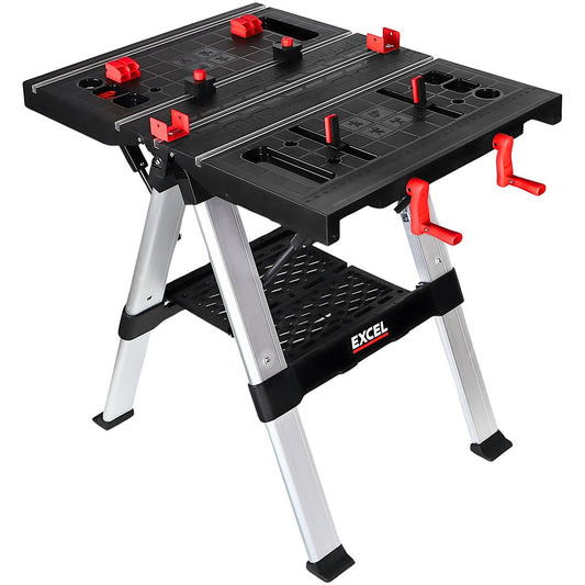 Excel Portable Workbench & Sawhorse Adjustable Height Folding Work Table with Flip-Top Clamping System