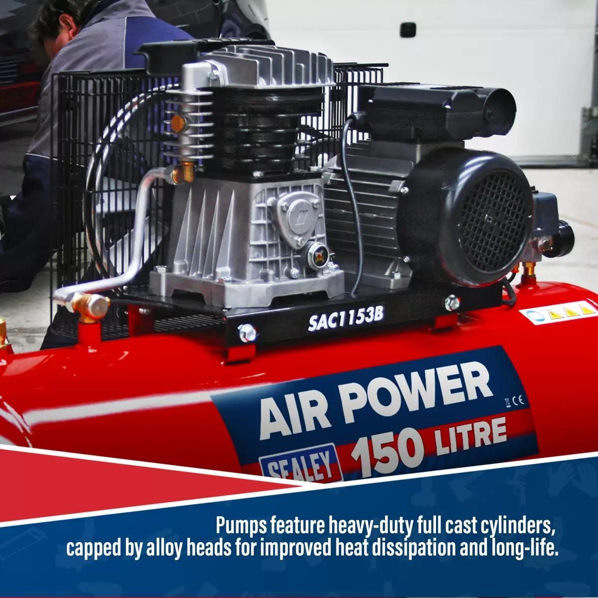 Sealey SAC1153B 150L Belt Drive Compressor with Motor & Cast Cylinders 230V