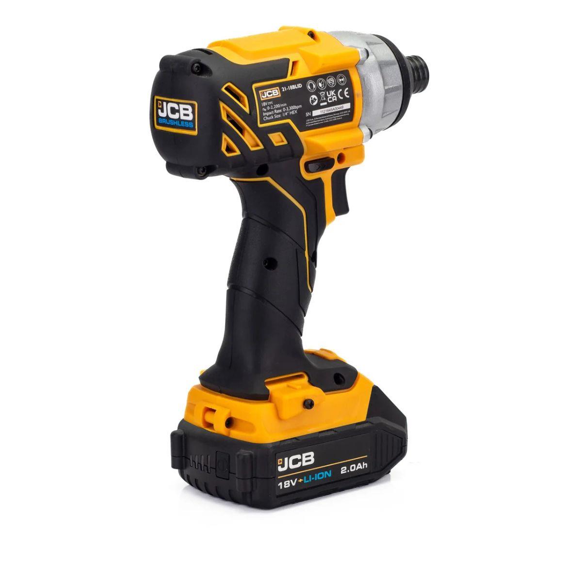 JCB 21-18BL3PK-2 18V Brushless Combi Drill, Impact Driver & Hammer Drill Kit With 2 x 2Ah Li-Ion Batteries, Charger & Kit Bag
