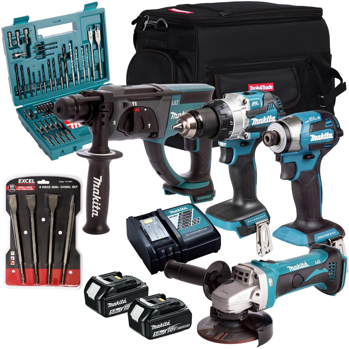 Makita 18V 4 Piece Combo Kit with 2 x 5.0Ah Battery Charger & Accessories Set T4TKIT-17236