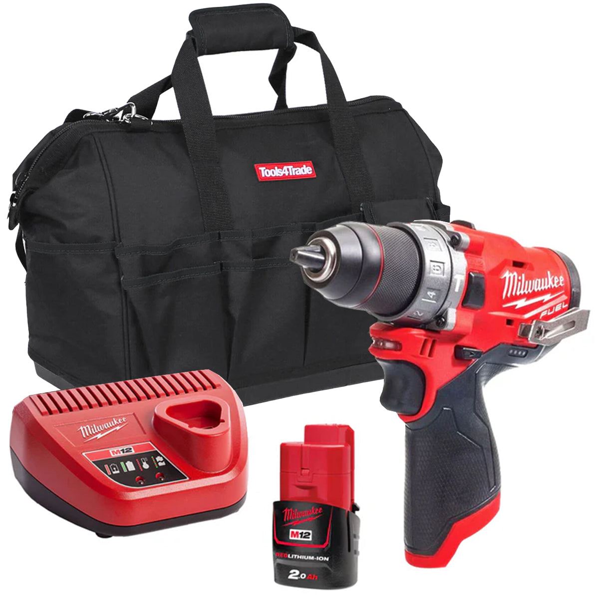 Milwaukee M12FPD2-0 12V Fuel Brushless Combi Drill with 1 x 2.0Ah Battery Charger & Bag