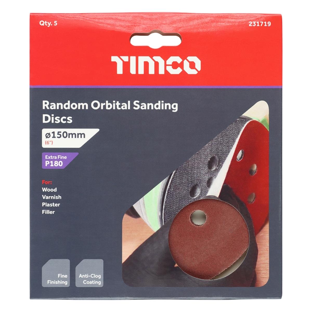 Timco 150mm Hook & Loop Random Orbital Sanding Discs 180 Grit Pack of 5 - 231719