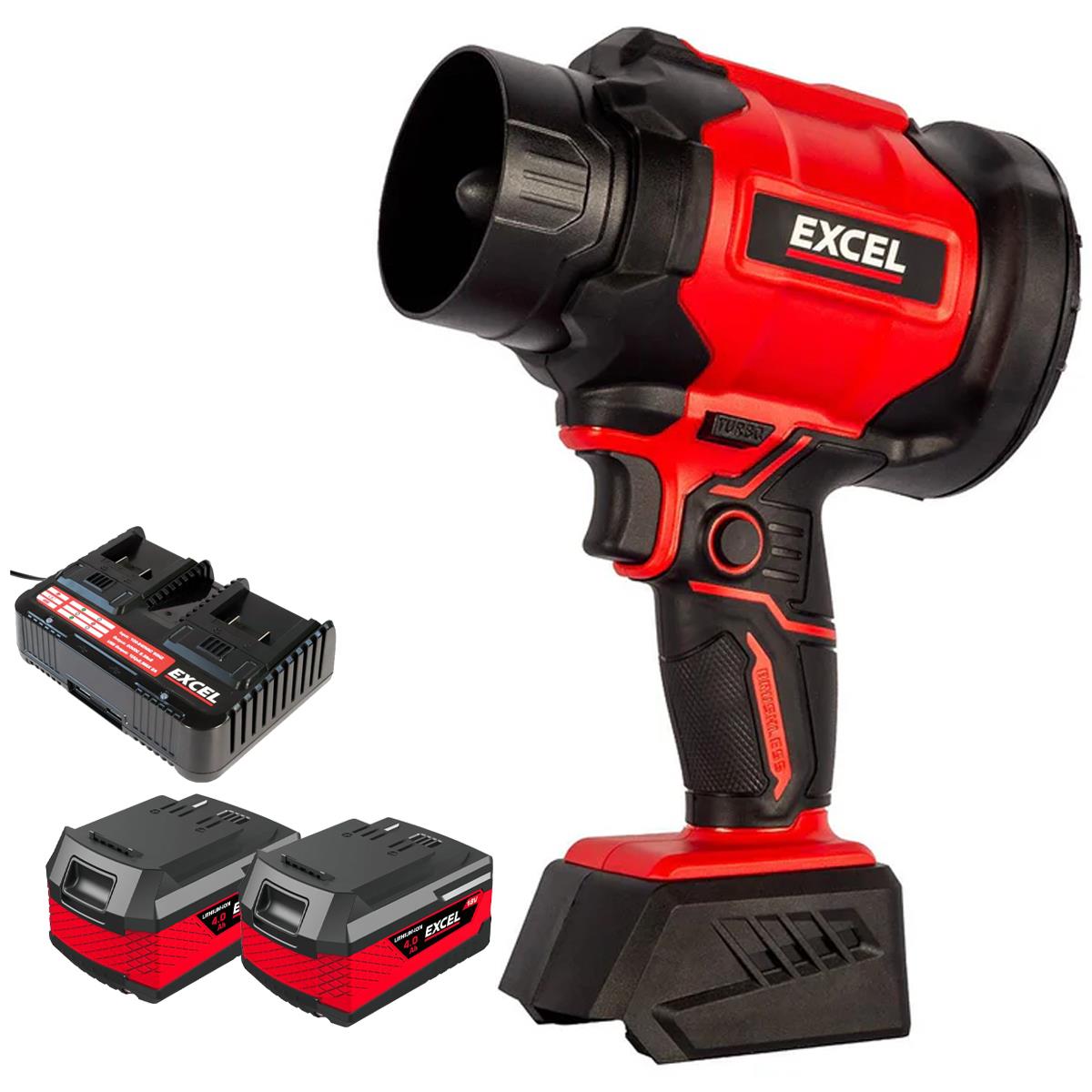 Excel 18V Brushless Storm Blower Turbo Mode with 2 x 4.0Ah Battery & Dual Port Fast Charger