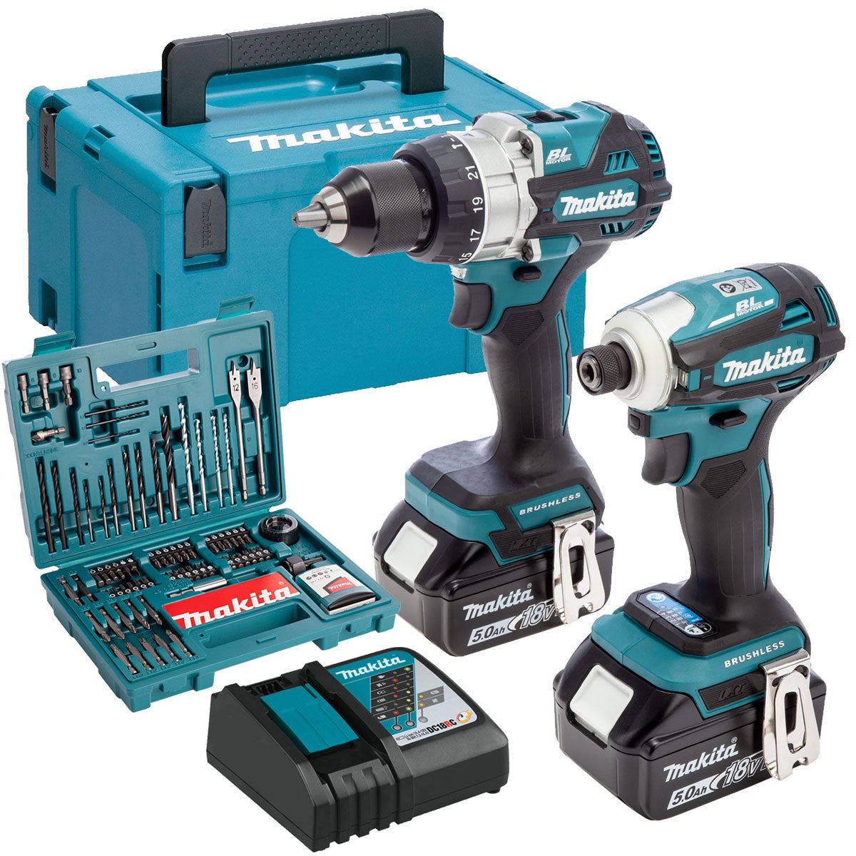 Makita DLX2455TJ 18V LXT Brushless Combo Kit With 2 x 5.0Ah Batteries Charger In Case & 100 Piece Drill Set