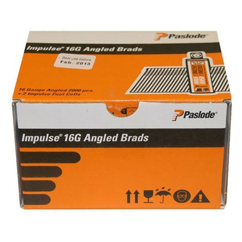 Paslode IM65A 63mm 16 Gauge 2000 Angled Electro Galvanised Brad Nails With 2 Fuel Cells 300274